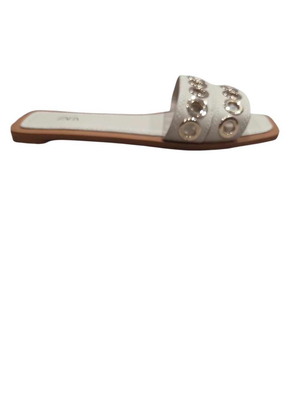 Zara Ivory Leather Slide Sandals with Metallic Grommets Size 7.5